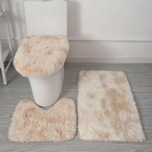 Tapis de bain en peluche tie-dye, ensemble de toilette trois pi&egrave;ces en peluche, tapis antid&eacute;rapant. - Neuf