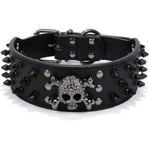 Eryi-Collier Pour Chien Crâne Rivet, Grand Collier Pour Chien Moyen Et Petit, Tête De Mort Réglable Avec Rivets À Pointes Collier Pour Chien En Similicuir Crocodile - Neuf