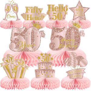 Sjzg-Lot De 9 D&eacute;corations Pour 50e Anniversaire Pour Femme - Or Rose Rose - En Nid D'abeille - D&eacute;coration De Table D'anniversaire 50 Ans - Cadeaux Pour Femmes - Neuf