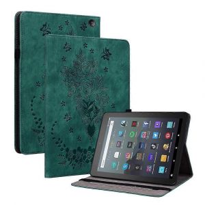 Faux porte-monnaie en Cuir de Cas pour Amazon Fire 7 (2022) - Vert Papillon Rose avec porte-Stylo et B&eacute;quille Flip Design - Neuf