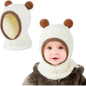 Kalanka-Bonnets Et &Eacute;charpes Tricot&eacute;s D'hiver Enfants B&eacute;b&eacute;, Cagoule 2 En 1 Avec Cache-Cou Mignon Ours Oreilles, Flexible &Eacute;lastique Chaud Coupe-Vent Cagoule Balaclava Pour B&eacute;b&eacute; Fille Gar&ccedil;on 1 &Agrave; 5 Ans - Neuf