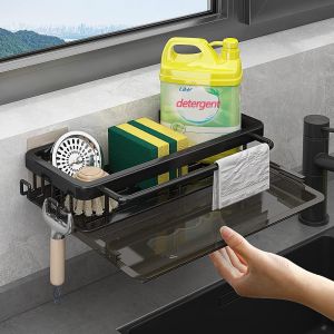 Porte Eponge Evier Cuisine, Auto-Adhésif Organisateur Evier Cuisine, Rangement Eponge Cuisine, Support Eponge Evier Cuisine Avec Bac De Vidange Porte - Serviettes (Noir (Égouttoir)) - Neuf