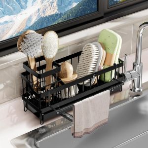 Organisateur Evier Cuisine,Organisateur De Cuisine Avec Porte-Serviettes,Porte-&Eacute;ponge,Porte-Serviettes,Produit Vaisselle,Avec &Eacute;vacuation,&Agrave; Suspendre Sans Percer,Double Usage,Noir - Neuf