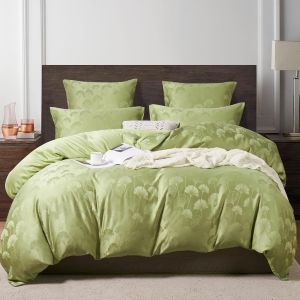 Sjzg-Parure De Lit En Satin 220 X 240 Cm - Vert - Ginkgo Biloba - Jacquard - Housse De Couette De Luxe - Douce Et Soyeuse - 3 Pièces - Avec Fermeture Éclair Et 2 Taies D'oreiller De 80 X 80 Cm - Neuf