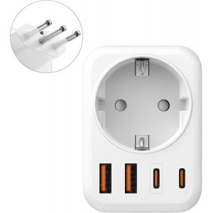 5 en 1 Adaptateur Prise Italienne vers France, Adaptateur Prise Italienne, 2 USB C, 2 USB A, Europe FR 2 Broches vers US 3 Broches, pour Italie, Chili, Maldives, Saint-Marin, Vatican,Type L - Neuf