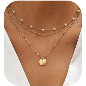 Kal-Colliers Superposés En Or Pour Femme, Plaqué Or 14 Carats, Perles Rondes Réglables, Chaîne À Chevrons Élégante, Double Cercle Superposé - Neuf