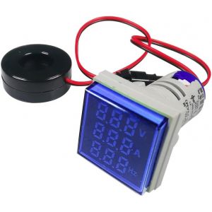 KALANKA-Testeur de Tension de Courant Alternatif 22mm avec Affichage LED à 3 Chiffres Voltmètre Multifonction Ampèremètre Fréquencemètre Multimètre Panneau AC 50-500V 0-100A 0-99 Hz (Bleu,Carré) - Neuf