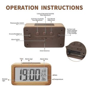 2024 R&eacute;veil num&eacute;rique en bois,grand &eacute;cran LED,affichage 12/24 heures,veilleuse &agrave; capteur intelligent,date - Neuf