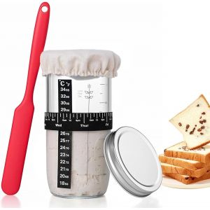 Kal-Bouteilles De Levain Pour Pain, Récipient De Cuisson Pour Pain Au Levain, 730ml Verre Pour Levain, Avec Spatule, Ruban De Marquage, Couvercle En Tissu Cousu, Récipient Pour La Cuisson Du Pain - Neuf