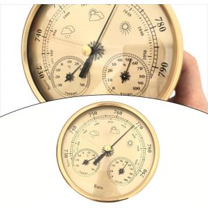 SUBZONAL-Barom&egrave;tre 3 en 1 avec thermom&egrave;tre et hygrom&egrave;tre, mesure de la temp&eacute;rature, de l'humidit&eacute; et de la pression atmosph&eacute;rique, pour int&eacute;rieur et ext&eacute;rieur, 130 mm, bo&icirc;tier en m&eacute;tal, dor&eacute; - Neuf