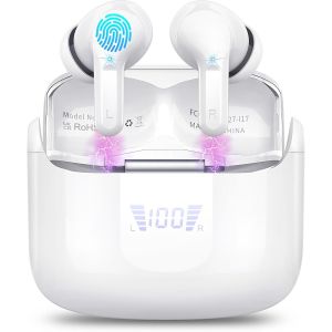 KAL-Ecouteurs Bluetooth Sans Fil, Écouteur Bluetooth 5.3 Hifi Stéréo, Ecouteurs Sans Fil Avec Cvc8.0 Antibruit Mic Casque, 40H Durée De Lecture, Oreillette Bluetooth Ip7 Étanche/Écran Led, Blanc[2024 - Neuf