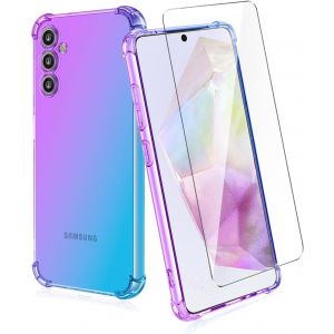 Kal-Housse Pour Samsung Galaxy A35 5g Coque + 1 Pièces Verre Trempé, Dégradé De Couleurs Anti-Choc Housse Pour Téléphone Portable -Violet/Bleu - Neuf