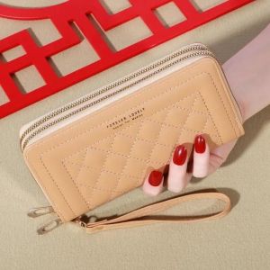 HUED-Portefeuille long en cuir PU avec pompon pour femme, porte-monnaie, porte-cartes, double fermeture &eacute;clair, pochette de luxe, sac d'argent et de t&eacute;l&eacute;phone-khaki - Neuf