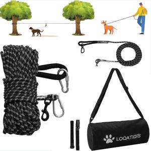 C&acirc;ble D'attache Pour Chien 3 En 1, 15m 30m Syst&egrave;me De Trolley Portable, Laisse R&eacute;fl&eacute;chissante Pour La Cour, Le Camping, L'entra&icirc;nement Et La Course, Sac De Grande Capacit&eacute; - Neuf