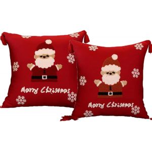 Cauc-Housse Coussin Noel Housses De Coussin No&euml;l Rouge Lot De 2,Taie D'oreiller Coton Et Lin Avec Pompons,P&egrave;re No&euml;l Mod&egrave;le D'arbre De Flocon Neige Pour D'hiver Xmas Decor Canap&eacute; Salon,45x45cm-2pcs-A - Neuf