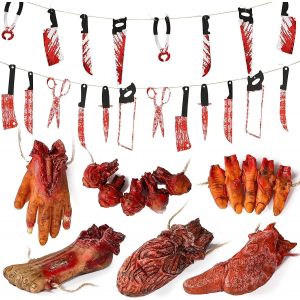 CAUC-Halloween Decoration Horreur Deco Interieur D&eacute;coration Kit Exterieur Squelette Decore Faux Sang Blood Couteau Accessoire Enfant Scream Toile De Fond Sachet Haloween Jouet Sac Un terrible Ensembl - Neuf