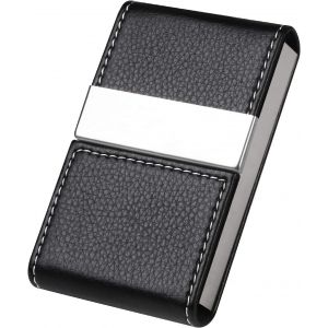 KALANKA-® Porte-Cartes de Visite | Porte-Cartes de Crédit en Cuir PU, Boîtier d'identité Ultra-Mince en Acier Inoxydable pour Hommes/Femmes | Double Boucle Magnétique Ouverte - Noir - Neuf