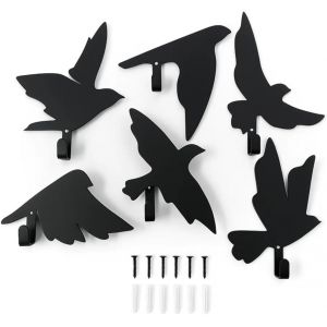 Loc-Lot De 6 Crochets Muraux Noirs En Acier Inoxydable Avec Vis I Patère Moderne I Crochet Pour Veste, Serviette I Couloir, Salle De Bain, Cuisine I Crochet Décoratif Avec Motif Oiseau I - Neuf