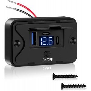 72W Usb Prise De Charge Chargeur De Voiture 12V Avec Voltm&egrave;tre Qc3.0 Usb Double Pd3.0 Type C Chargeur Rapide Pour T&eacute;l&eacute;phone Portable &Eacute;tanche Avec Interrupteur Pour Camping - Car 12V Voiture - Neuf