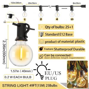 Guirxiété Lumineuse Led G40 En Plastique Européen, Ampoules Incassables, Guirxiété Connectée Étanche, Lumière De Fête Et De Camping-49 Pieds (15m) 25bulb Eu - Neuf