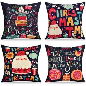 Housse De Coussin De Noël (45 X 45 Cm Sans Noyau), Lot De 4 Taies D'oreiller Décoratives En Coton Et Lin, Idéales Pour Les Chambres, Les Voitures, Les Canapés Et La Décoration Intérieure (A) - Neuf