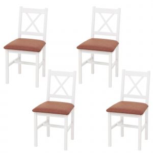 Lot de 4 chaises de salle &agrave; manger HWC-F77, chaise de cuisine avec dossier, chaise en bois massif, tissu, style cottageblanc, rembourrage terracotta - Neuf
