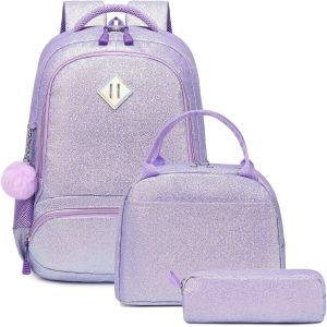 KALANKA-Cartable Fille Paillettes Sac à Dos Primaire Cartable Enfant pour Scolaire Primaire Fille Sets de Sacs Scolaires CE1 CE2 + Isotherme Panier Repas + Trousse - Neuf