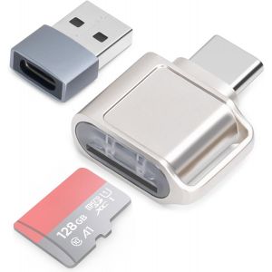 Lecteur de Carte TF, Lecteur de Carte Micro SD, Adaptateur de Lecteur de Carte M&eacute;moire TF Type C avec Adaptateur USB C vers USB Compatible avec Les Ordinateurs Portables, MacBook, Samsung (Argent) - Neuf