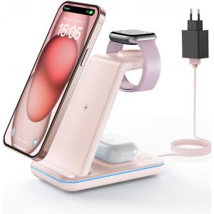 Station De Charge Pour Apple, Chargeur Induction 3 En 1 Pour Iphone Air/17/16/15/14/13/12/11/Xs/8, Support Chargeur Pour Apple Watch Ultra/11-2/Se, Chargeur Sans Fil Pour Airpods Pro-2, Rose - Neuf