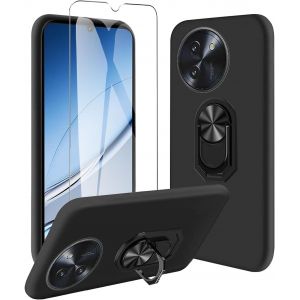 Coque Compatible Avec Doogee Note 59 / Doogee Note 59 Pro (6.75") Noir Housse Et Support Rotatif 360&deg; Et Verre Tremp&eacute; &Eacute;cran Film Protecteur - &Eacute;tui Souple Silicone Tpu Case Cover Black - Neuf