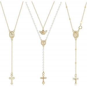 Jum-3pcs Colliers Croix Pour Femmes Hommes Chapelet Colliers Catholiques Avec Pendentif Ange Jésus Vierge Marie Chapelet Plaqué Or Et Argent Chaîne De Colliers En Y Pour La Prière - Neuf