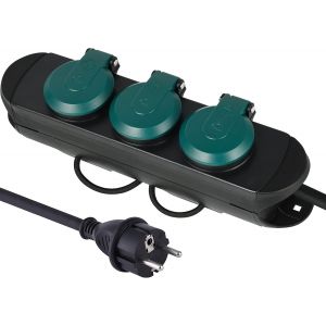 Multiprise d'ext&eacute;rieur professionnelle 3 prises Schuko IP44, c&acirc;ble en caoutchouc H07RN-F 3G1.5, noir/vert 62572 (Prise Allemagne et Espagne) - Neuf