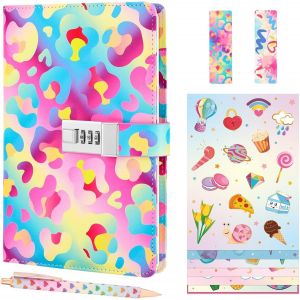 Chenquansarl-Ensemble Journal Intime Pour Enfants, Journal Intime L&eacute;opard Avec Serrure, Journal A5, Coffret Cadeau Avec 6 Autocollants, 1 Marque-Page Et 1 Stylo D'&eacute;criture - Neuf