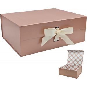 Grand Boîte Cadeau Blanc 33.5x27x12.5 cm, Boîte Cadeau Haut de Gamme avec Couvercle Magnétique et Ruban pour Emballage Cadeau de Vacances, Mariage, Anniversaire, Doublure à Carreaux - Neuf