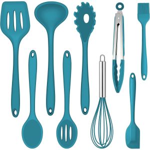 Kal-Lot De 9 Ustensiles De Cuisine En Silicone Résistants À La Chaleur Avec Spatule, Fouet, Pince À Barbecue, Antiadhésifs Pour La Cuisine Et La Pâtisserie Bleu - Neuf