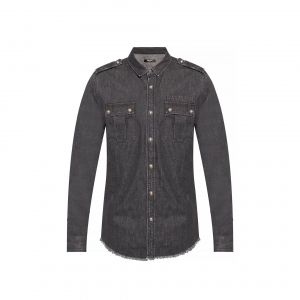 Chemise En Denim Noire Balmain Pour Homme - 100% Coton Avec Franges - Neuf