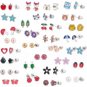 Kal-Boucle D'oreille - 30 Paires De Boucles D¿Oreilles À Tige En Acier Inoxydable Avec Motif D¿Animaux Mignons Et C?urs, Étoiles, Coccinelles, Grenouille, Arbre, Or Rose, Perle Blanche - Neuf