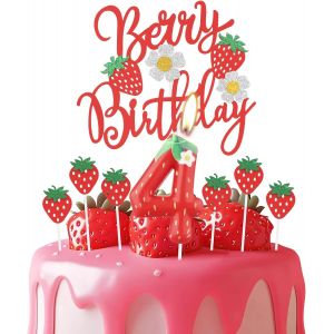 D&eacute;coration De G&acirc;teau D'anniversaire 4 Ans En Forme De Fraise, Chiffre Rouge Avec Fleurs Blanches, D&eacute;corations Sur Le Th&egrave;me Des Baies Pour Filles Et Gar&ccedil;ons[Z5808] - Neuf