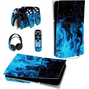 Eryi-Autocollant Protection Pour Ps5 Slim Standard Console, Sticker Skin Pour Ps5 Manette & Télécommande & Casque & Station De Charge,Disc Edition-Bleue Flamme - Neuf