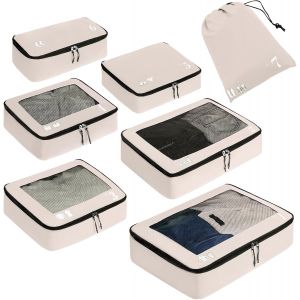 Organisateur Lot De 7 Rangement Val Organisateur De Voyage Packing Cubes Sac Chaussures Ecologique Organ Urs De Bagage Pochette Sac Rangement Val R&eacute;sistant &Agrave; La D&eacute;chirure (Beige) - Neuf