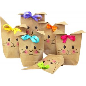 TRAHOO-Sacs cadeaux imprim&eacute;s P&acirc;ques - Lot de 12 avec visage de lapin - Id&eacute;e cadeau ou d&eacute;coration - Avec pinces en bois - Nid de P&acirc;ques &agrave; bricoler et offrir - Taille 22 cm x 14 cm x 5 cm - Neuf