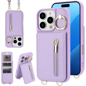 Maa-Coque Pour Iphone 14 Pro Max Coque Etui Avec Sangle Réglable Portefeuille En Cuir Anti-Rfid Pochette Magnétique Flip Case Étui Cover Housse Protection Avec Anneau-Violet - Neuf