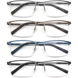 4 Paire De Lunettes De Lecture 1.25 Homme Anti Lumiere Bleue - Monture Rectangle En Metal Acier Inoxydable Lunettes De Vue Lunettes Loupe Noir-Gris-Bleu-Marron - Neuf