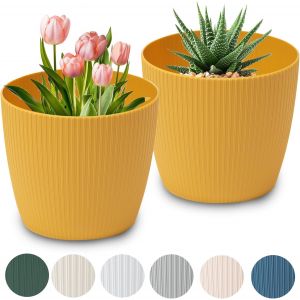 Eryi-Pots De Fleurs Mats Pots De Plantes Ronds En Plastique Durables Et Légers Pour Salon Et Salle À Manger - 2 Pièces (Moutarde, Ø 14 Cm) - Neuf