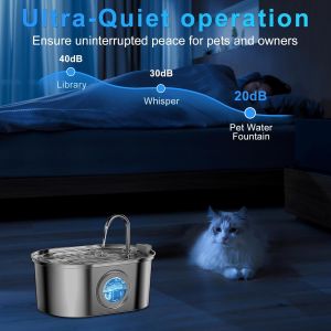 3.2l Fontaine À Eau Pour Animaux De Compagnie En Acier Inoxydable, Fontaine À Eau Pour Chat Ultra Silencieuse Avec Lumière Led, 4pcs Filtre À Charbon + 2pcs Éponges (Ellipse, 3.2l) - Neuf