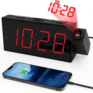 Réveil À Projection Pour La Chambre, Reveil Numérique Avec Grand Écran Led 7 Pouces, Variateur, Projecteur 350°, Usb, 12/24H, Snooze, Réveil À Piles Pour Enfants, Seniors, Voyage - Neuf