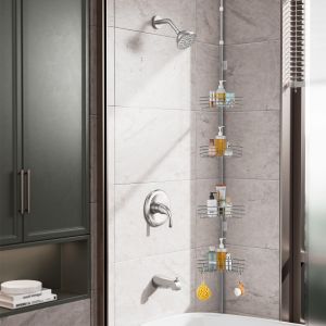Étagère de Douche Telescopique avec 4 Paniers, Etagere Salle de Bain 85-325 cm, Étagère Douche d'angle sans Percage pour Salle de Bain et WC, Réglable en Hauteur, Métal - Gris - Neuf