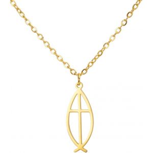 Kal-Collier Avec Pendentif En Forme De Croix De Poisson J&eacute;sus Pour Homme Et Femme En Acier Inoxydable Ichthus Chr&eacute;tien Symbole De Poisson - Neuf