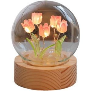 Diy Tulipe Veilleuse Fleur Boule De Cristal Veilleuse Boule De Verre Lampe De Nuit Avec Base En Bois Chambre Lampe De Couchage Lampe De D&eacute;coration Pour Bureau Ornement Cadeaux - Neuf