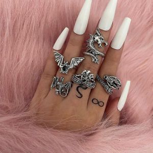Vintage Hip Hop Punk Bague Dragon Serpent Papillon Chauve-Souris Crâne Retro Joint Bagues Femmes Gothique Doigt Bague Ensemble Nouveaux Bijoux - Neuf